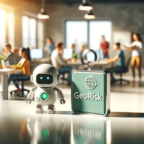 DALL·E 2024-02-18 22.52.53 - A diorama-style photograph showcasing a small robot standing next to a keychain that reads _GeoRisk_ in light green letters, both placed on a sleek wh