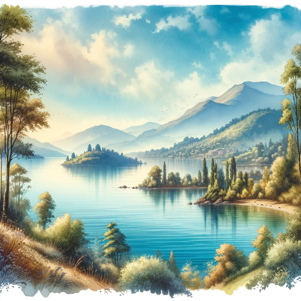 DALL·E 2024-01-29 16.58.46 - An enchanting watercolor illustration showcasing the serene and breathtaking lakes of Puerto Varas, capturing the essence of tranquility and natural b