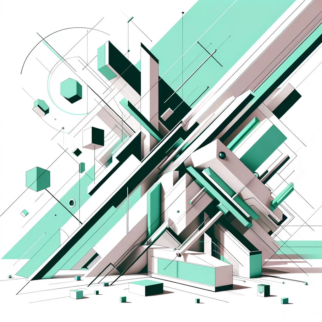DALL·E 2024-02-19 11.15.59 - An abstract illustration inspired by Russian Constructivism, with minimal elements, featuring a white background and vibrant mint green foreground ele